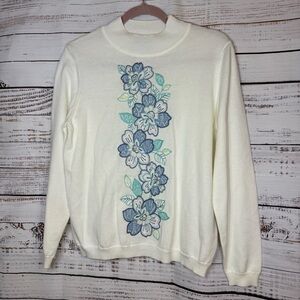 Alfred Dunner Embroidered Floral Cream Knit Sweater